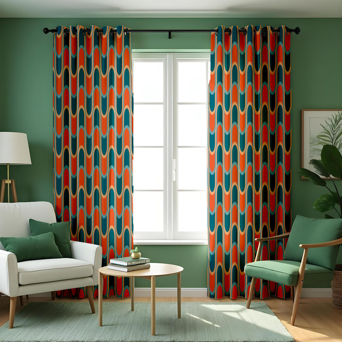 Orange and Teal Retro Wave Curtains, 70s Geometric Drapes