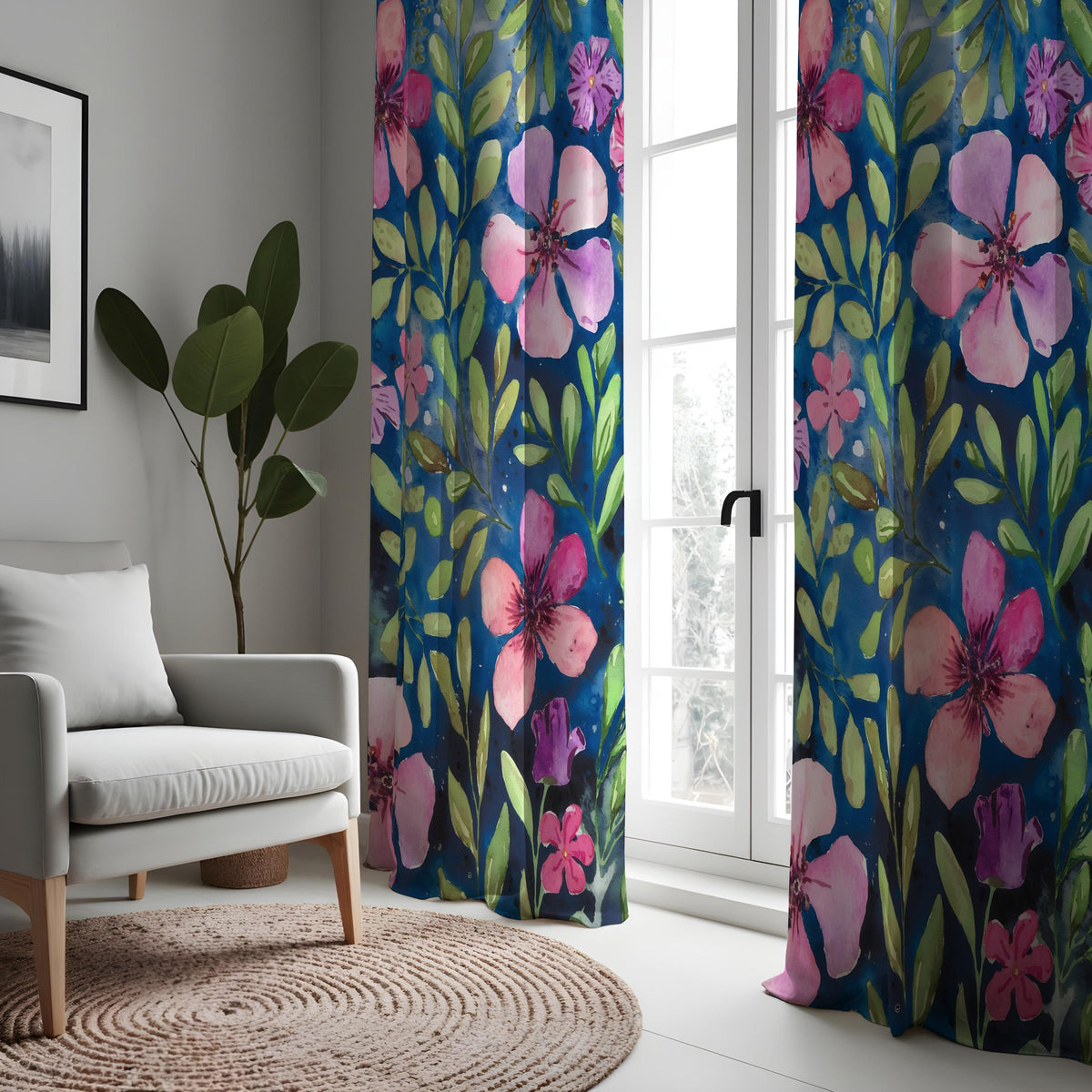 Navy Pink Watercolor Floral Curtains, Botanical Drapes
