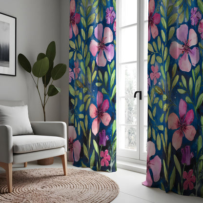 Navy Pink Watercolor Floral Curtains, Botanical Drapes