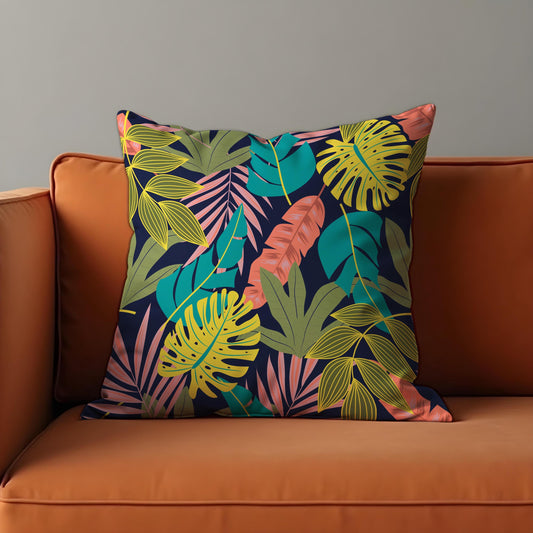 Colorful Tropical Leaf Cushion Cover, Jungle Botanical Pillow Cover
