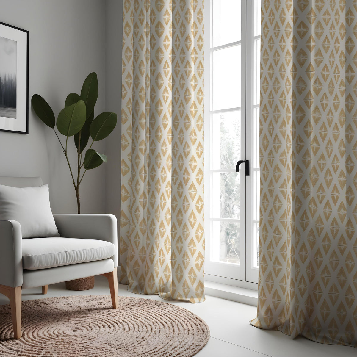 Beige Geometric Curtains, Neutral Minimalist Window Drapes