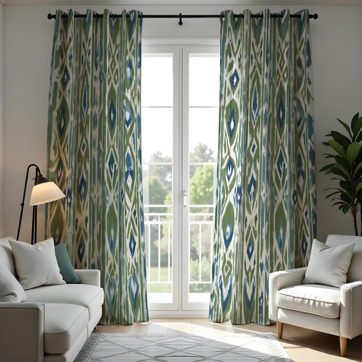 Green Blue Boho Ikat Curtains, Vertical Geometric Drapes