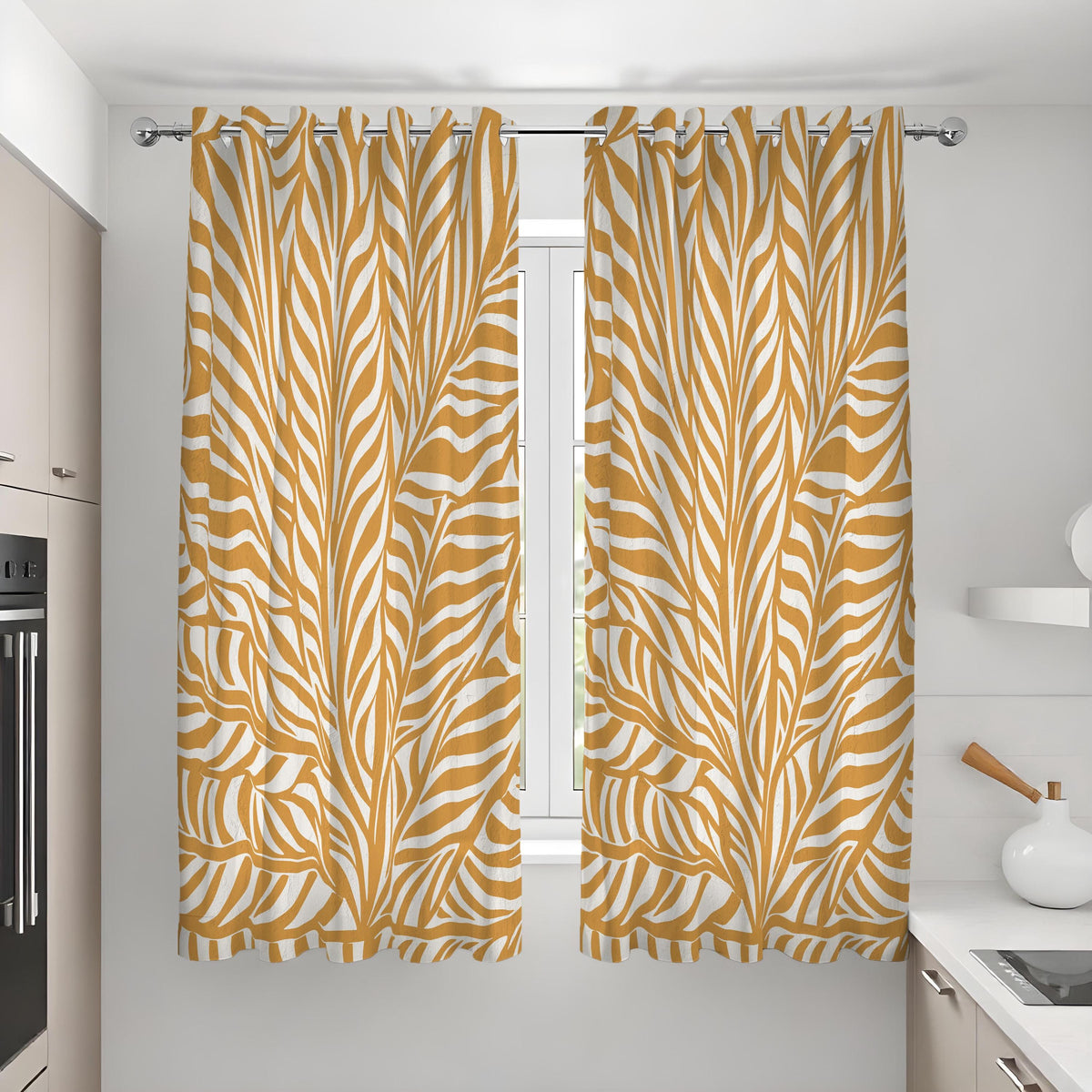 Mustard Yellow Botanical Leaf Curtains, Custom Window Drapes