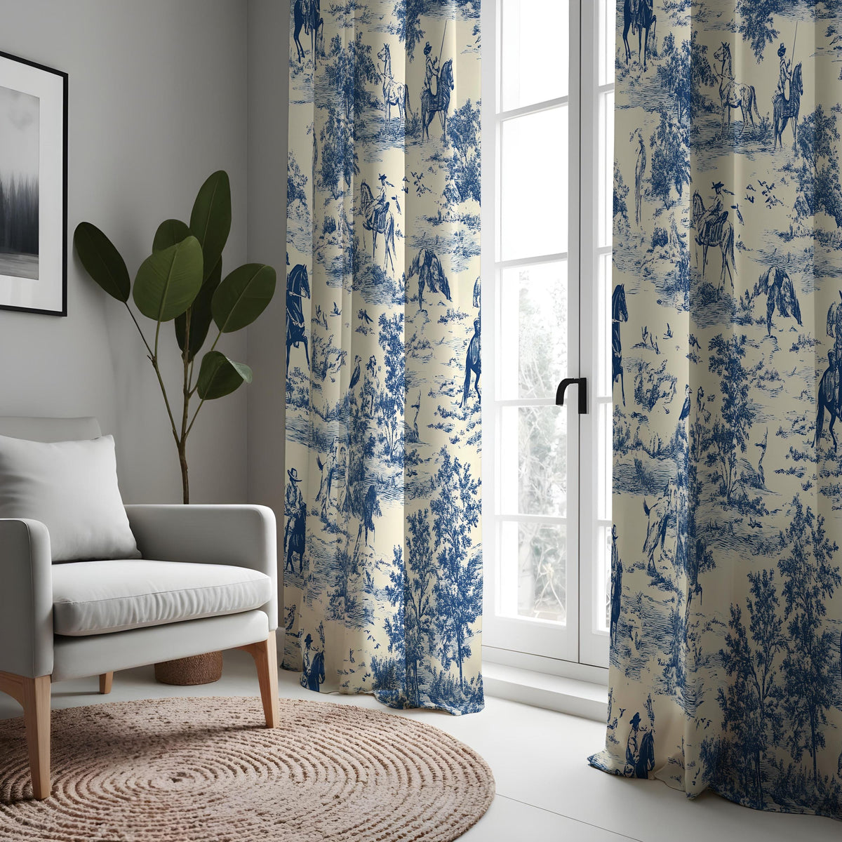Blue Toile Curtains, French Country Pastoral Scene Drapes
