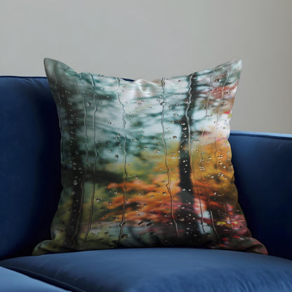 Rainy Window Forest Cushion Cover, Moody Autumn Throw Pillow Cover