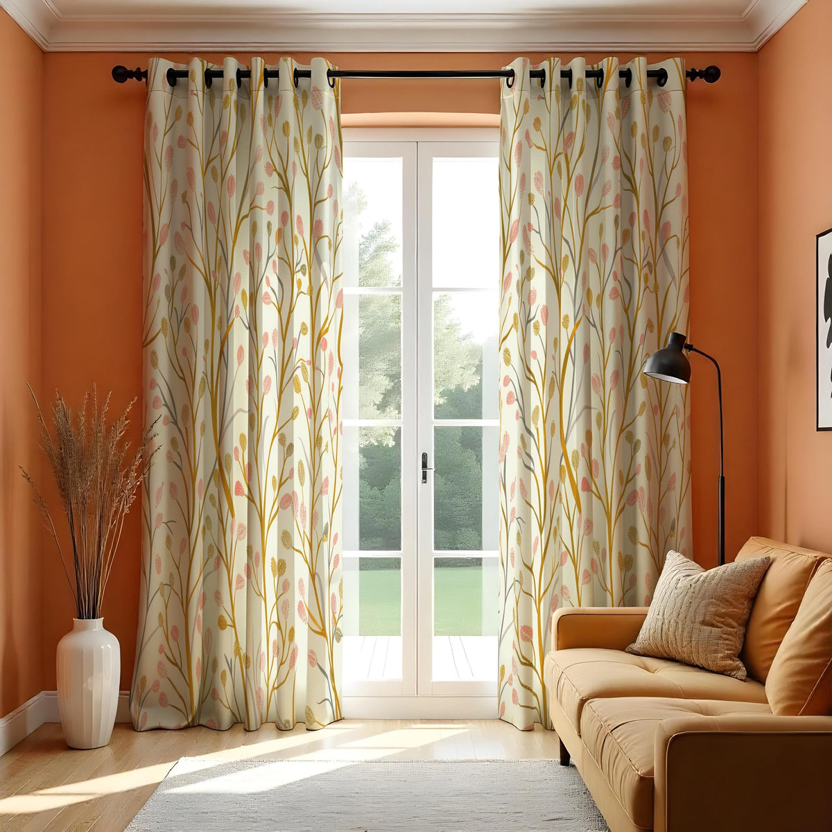 Orange Green Yellow Leaf Curtains, Botanical Nature Drapes