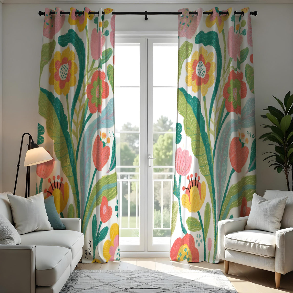 Bright Oversized Floral Curtains, Colorful Botanical Drapes