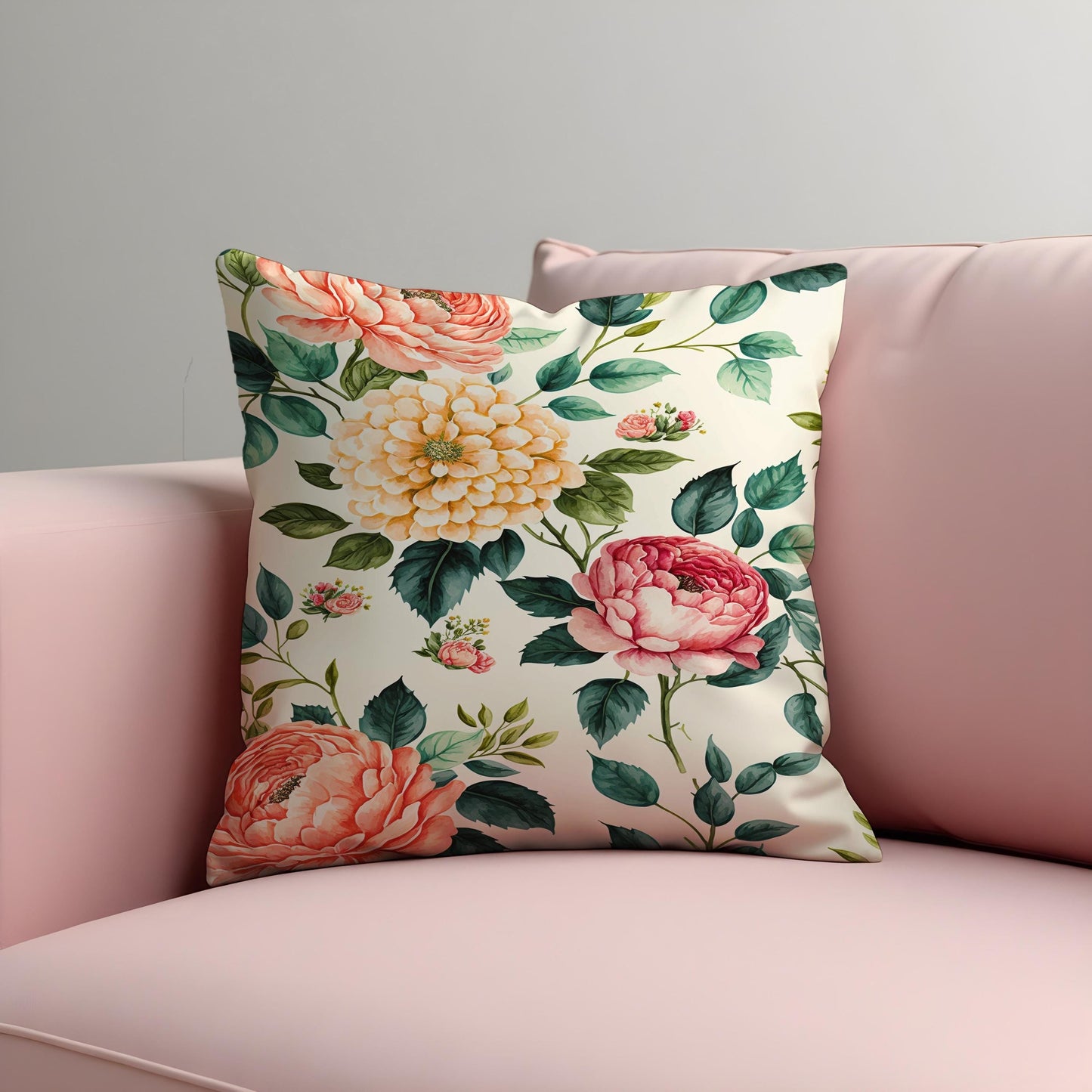 Peony Dahlia Cushion Cover, Blush & Yellow Flowers Throw Pillow Cover