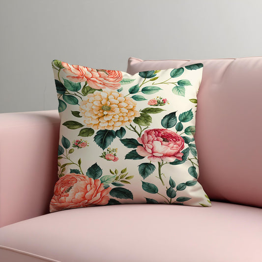 Peony Dahlia Cushion Cover, Blush & Yellow Flowers Throw Pillow Cover