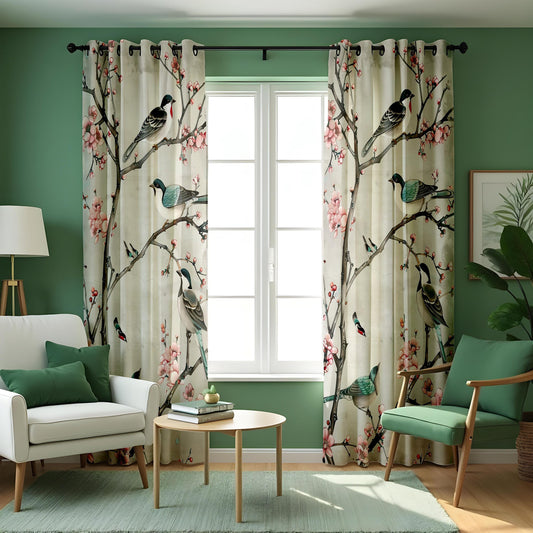 Green Chinoiserie Curtains, Bird & Cherry Blossom Drapes