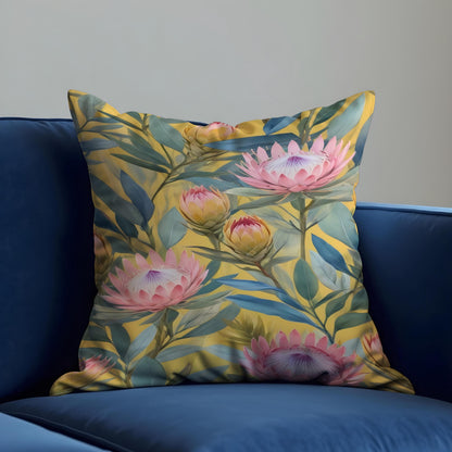 Yellow Floral Cushion Cover, Pink Protea Pillow Case