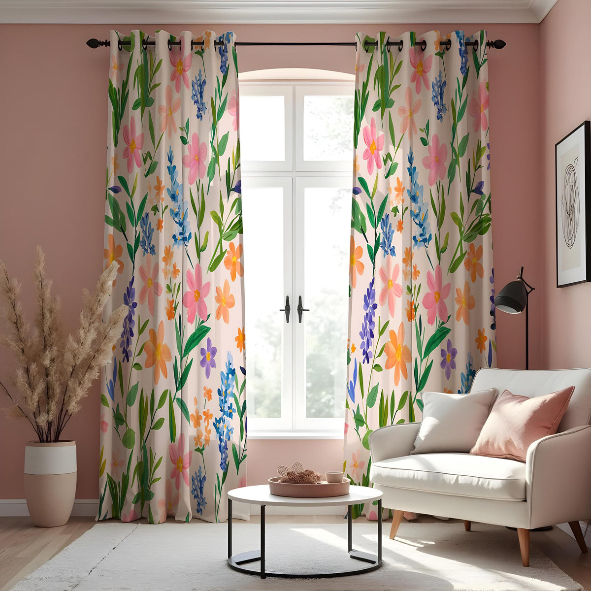 Pink & Blue Wildflower Curtains, Watercolor Botanical Drapes