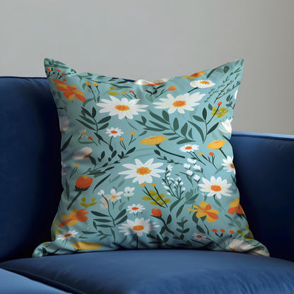 Daisy Floral Cushion Cover, Teal Wildflower Throw Pillow Cover