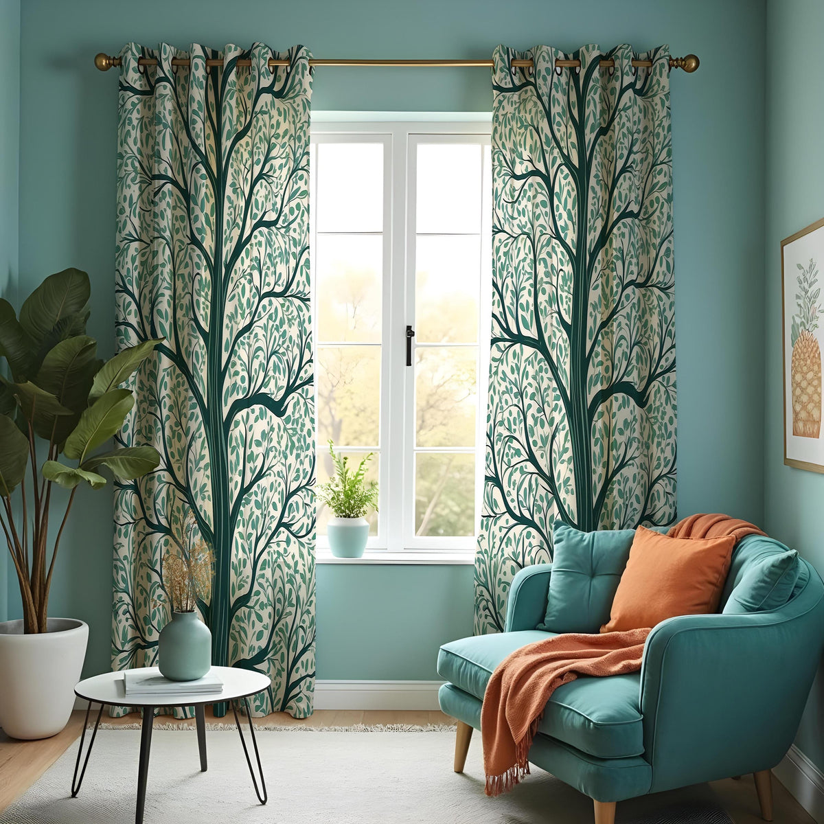 Green Tree Silhouette Curtains, Branch & Leaf Botanical Drapes