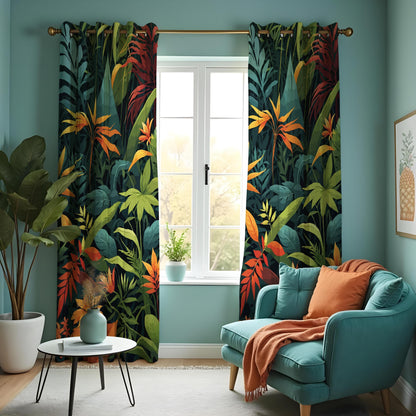 Deep Green & Orange Jungle Leaf Curtains, Tropical Drapes