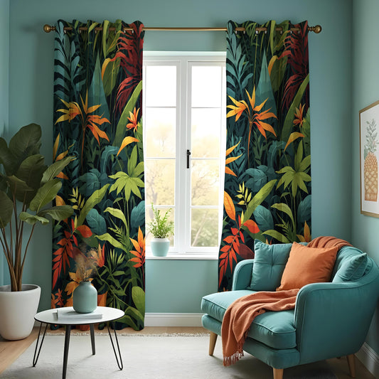 Deep Green & Orange Jungle Leaf Curtains, Tropical Drapes