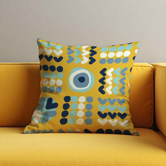 Modern Geometric Cushion Cover, Yellow Evil Eye Heart Pillow Cover