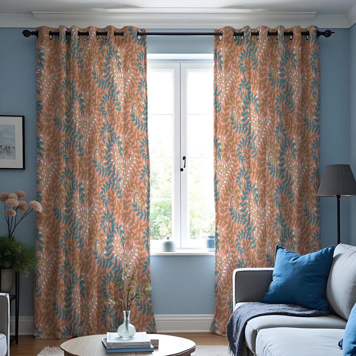 Rust Orange & Teal Leaf Curtains, Soft Botanical Drapes