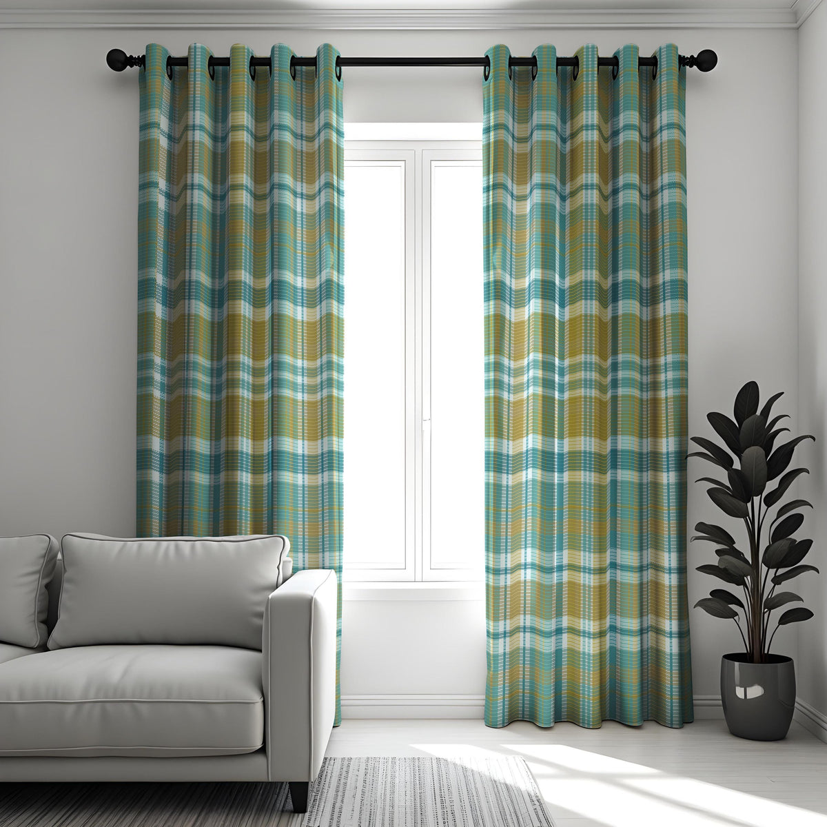 Green Plaid Check Curtains, Farmhouse Style Window Drapes