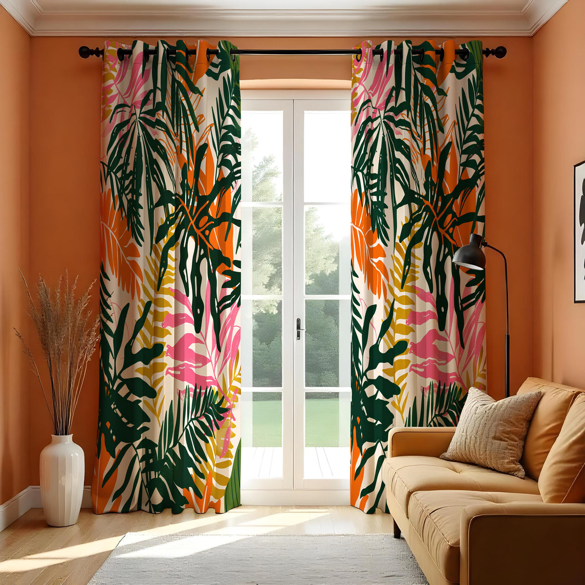 Green Tropical Leaf Curtains, Orange & Pink Botanical Drapes