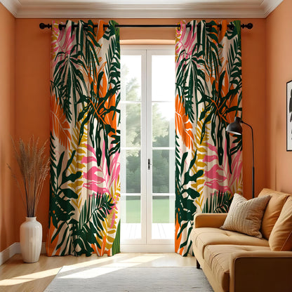 Green Tropical Leaf Curtains, Orange & Pink Botanical Drapes
