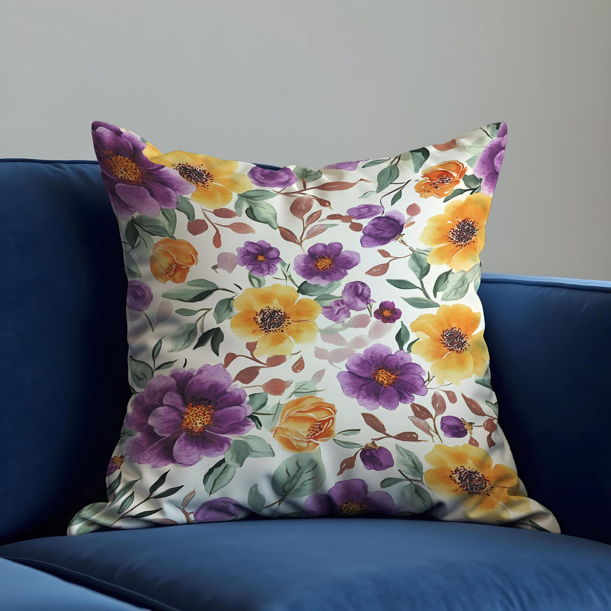 Purple Yellow Floral Cushion Cover, Watercolor Throw Pillow Case