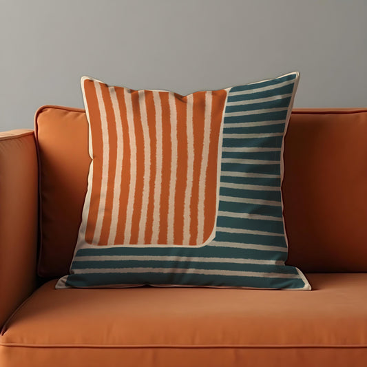 Mid Century Modern Striped Cushion Cover, Rust Orange & Teal Pillow Cover