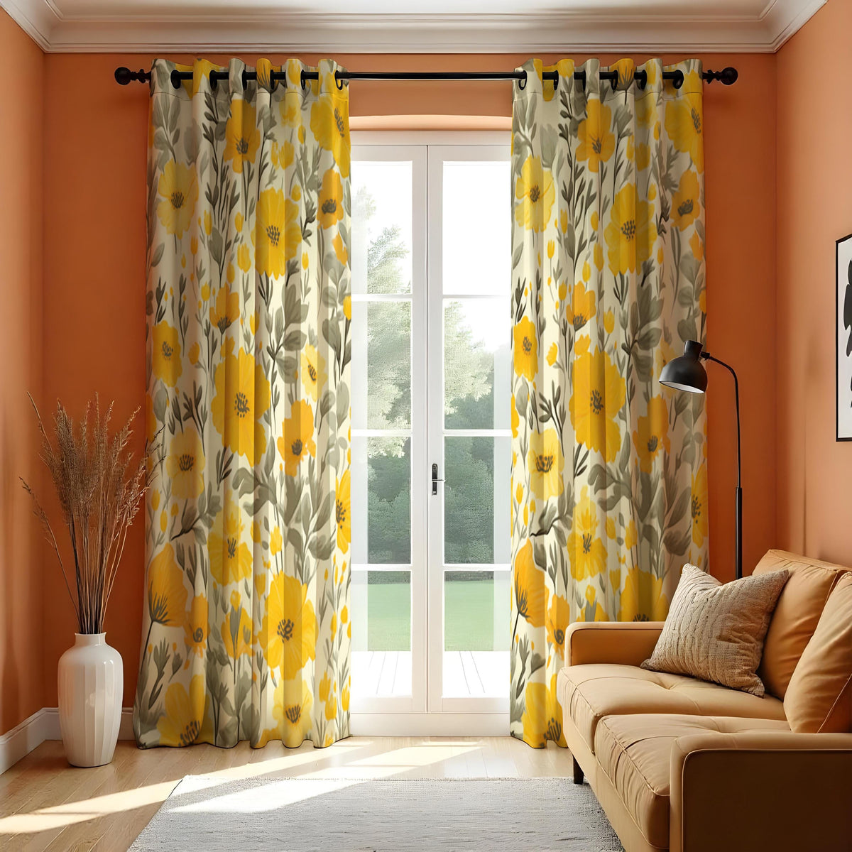 Yellow Poppy Floral Curtains, Mustard & Grey Botanical Drapes