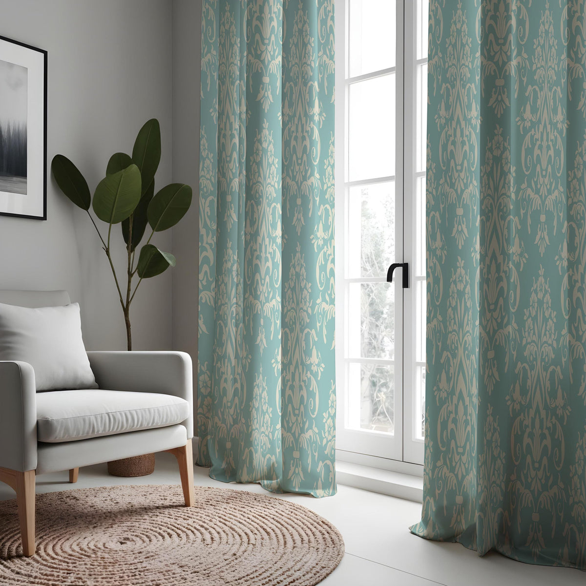 Teal Damask Curtains, Classic Floral Pattern Window Drapes