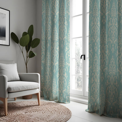 Teal Damask Curtains, Classic Floral Pattern Window Drapes