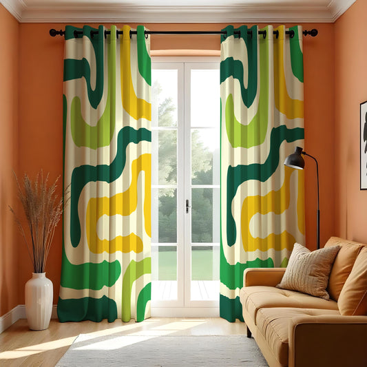 Green Yellow Retro Wave Curtains, Mid Century Modern Drapes