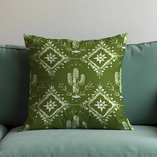 Green Southwestern Cushion Cover, Cactus and Tribal Print Pillow Case
