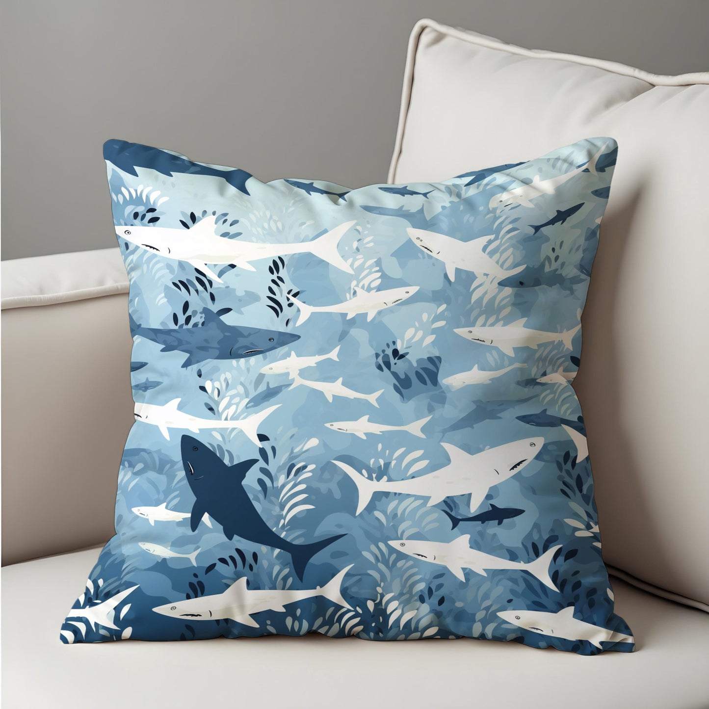Ocean Shark Cushion Cover, Blue & White Underwater Throw Pillow Case