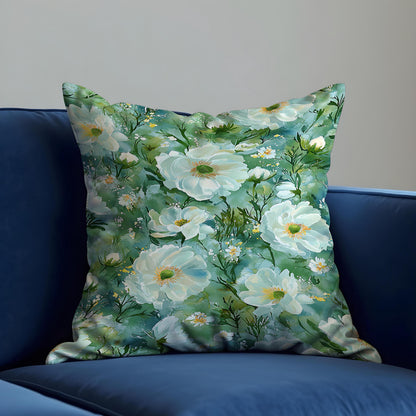 Green Floral Cushion Cover, White Flower Pillow Case