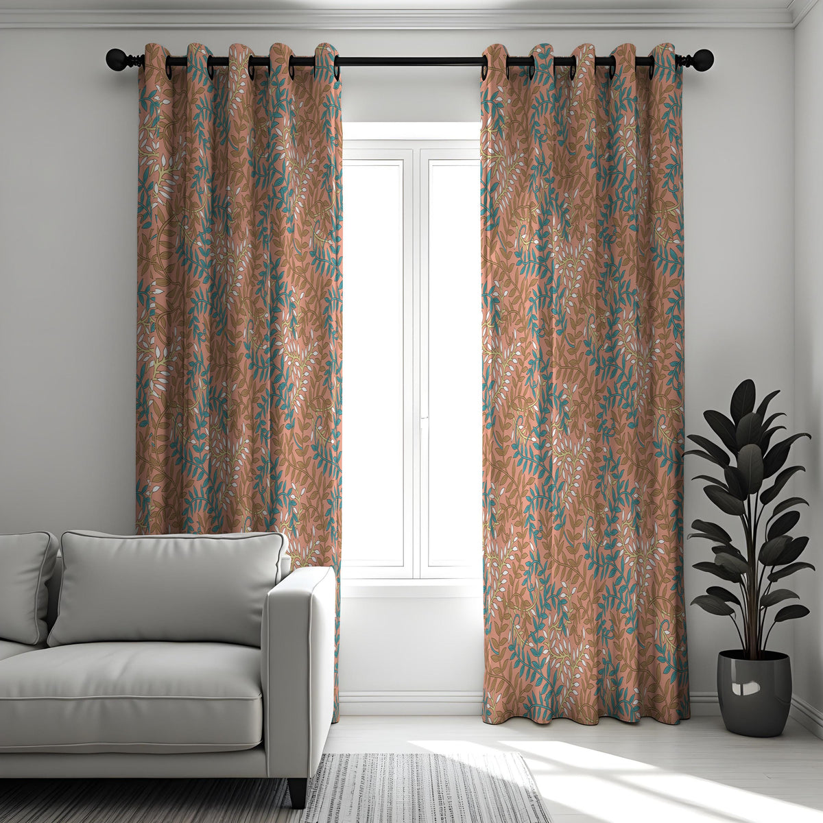 Rust Orange & Teal Leaf Curtains, Soft Botanical Drapes