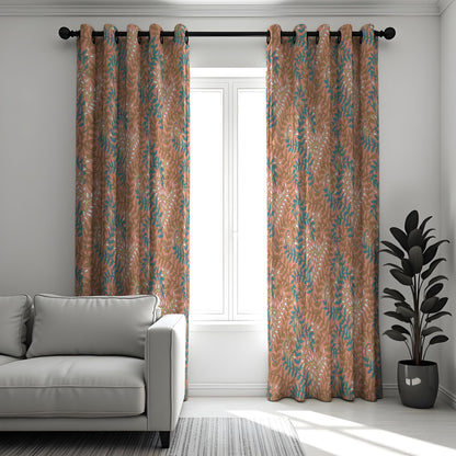 Rust Orange & Teal Leaf Curtains, Soft Botanical Drapes