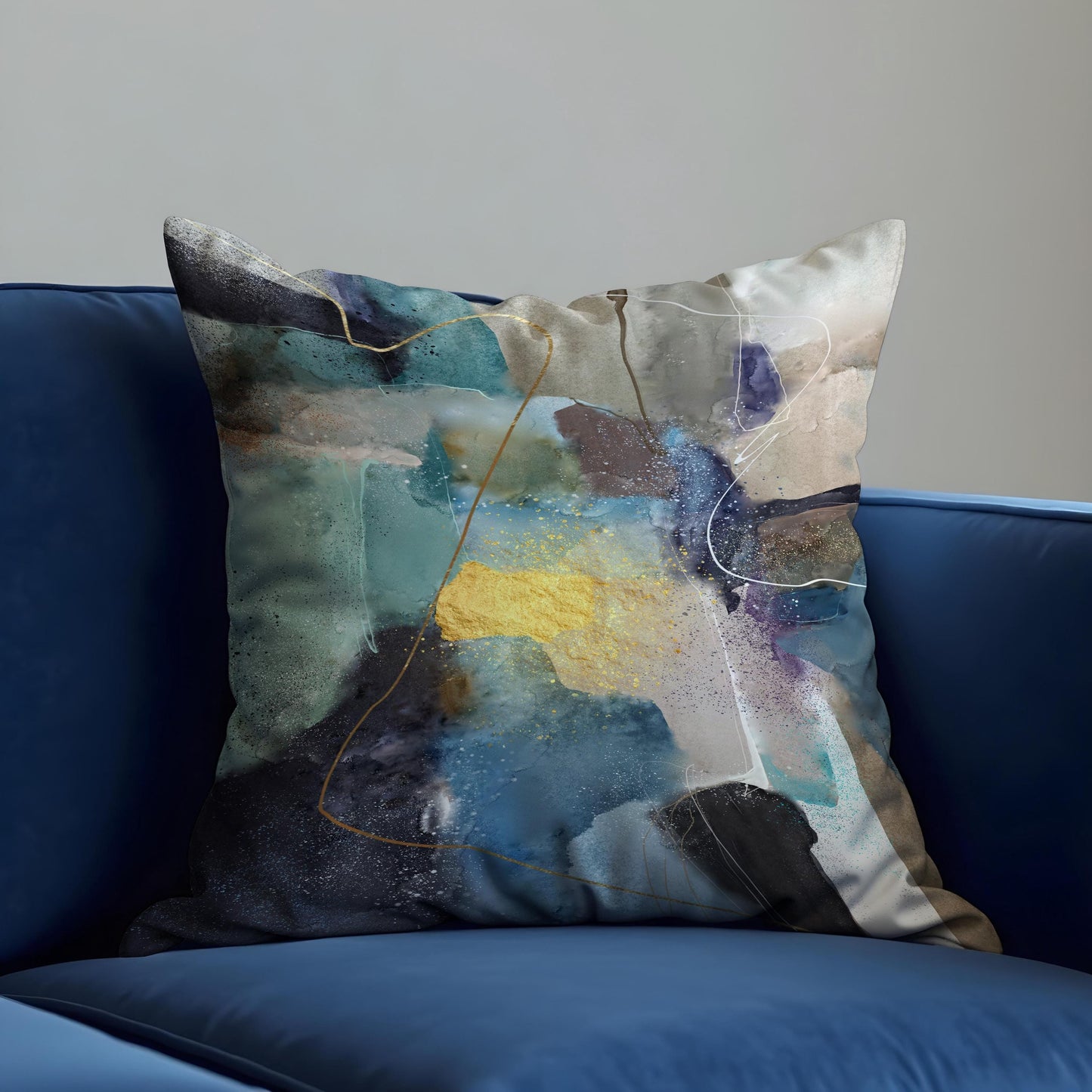 Moody Abstract Watercolor Cushion Cover, Blue & Beige Pillow Cover
