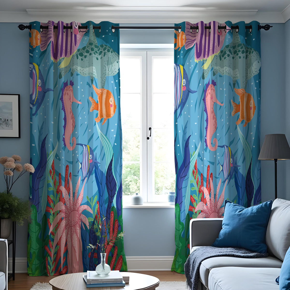 Kids Ocean Curtains, Underwater Fish & Seahorse Drapes