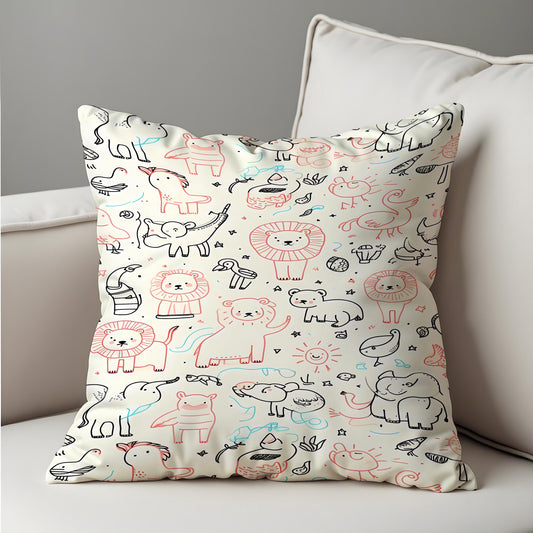 Animal Doodle Throw Pillow Cover, Nursery Cushion Case