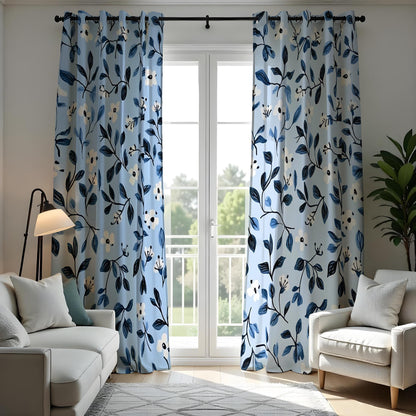 Navy Blue Leaf Curtains, Floral Botanical Custom Drapes
