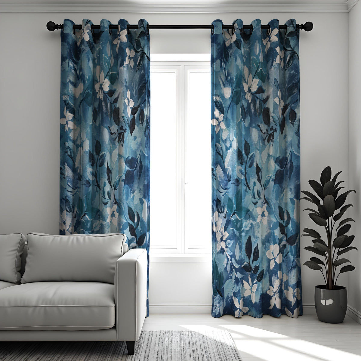 Navy Teal Botanical Leaf Curtains, Modern Custom Drapes