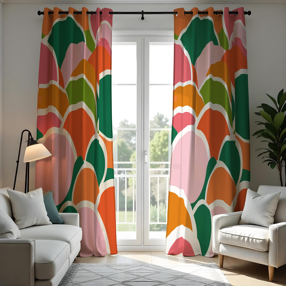 Colorful Retro Floral Curtains, Mid Century Modern Drapes