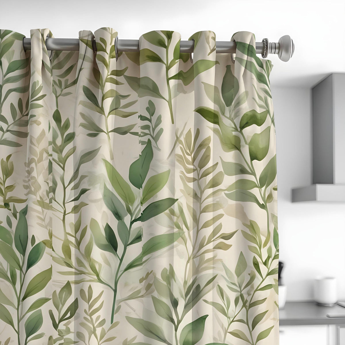 Green Botanical Leaf Curtains, Tropical Nature Custom Drapes