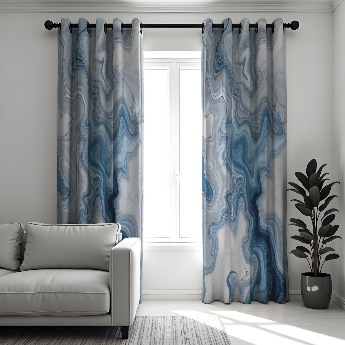 Blue Grey Marble Curtains, Fluid Abstract Custom Drapes