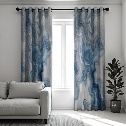 Blue Grey Marble Curtains, Fluid Abstract Custom Drapes