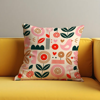 Scandi Folk Art Cushion Cover, Pink Bird & Floral Throw Pillow Cover