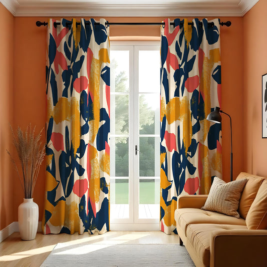 Navy Mustard Coral Brushstroke Curtains, Abstract Art Drapes
