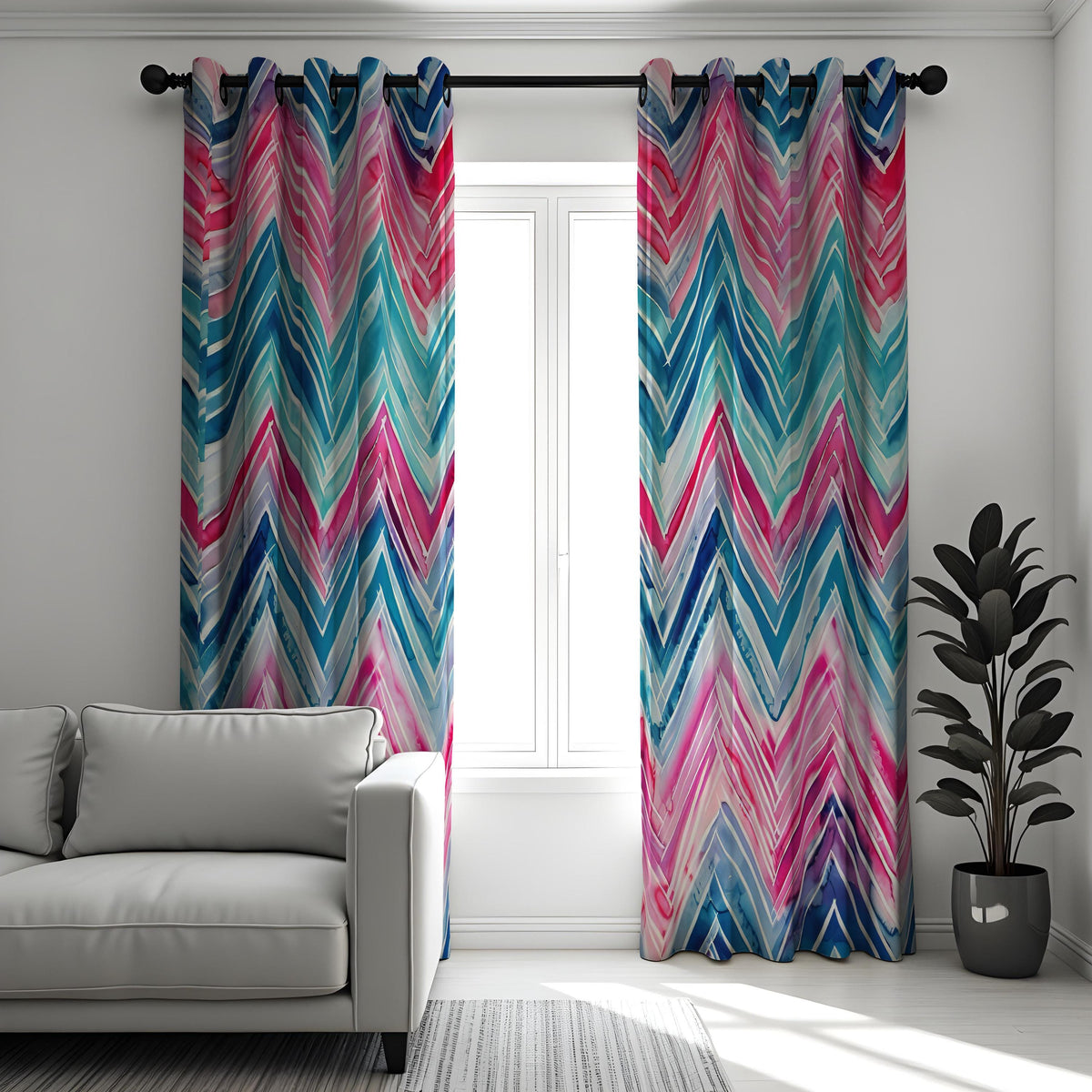 Pink Blue Teal Chevron Curtains, Watercolor Pattern Drapes
