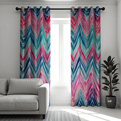 Pink Blue Teal Chevron Curtains, Watercolor Pattern Drapes