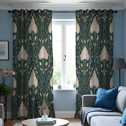 Dark Green Art Deco Curtains, Cream Floral Botanical Drapes